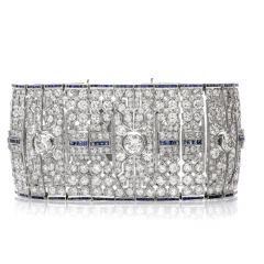 Art déco 50.06cts Diamond Sapphire Platinum Wide Bracelet-Dover Jewelry