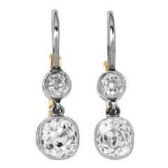1.22 Carat Old Mine Cut Diamond Platinum & 18K Gold Drop Earrings