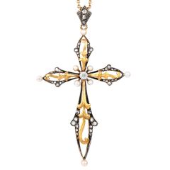 Vintage Diamond Pearl 18K Gold Cross Pendant|Dover Jewelry|