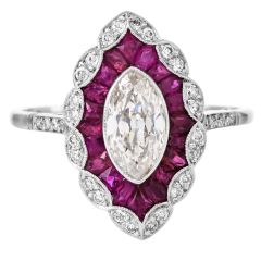 Old-Cut Marquise Diamond, Ruby Platinum  Cocktail Engagement Ring