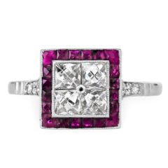 French-Cut Diamond & Ruby Halo Engagement Ring in Platinum