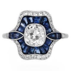 Vintage Old Cushion Diamond Sapphire Platinum Engagement Ring