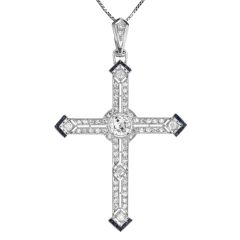 Vintage Diamond & Sapphire Platinum Deco Cross Pendant