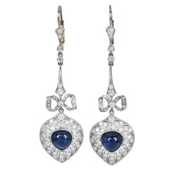 Vintage Bow Heart Sapphire & Diamond Drop Platinum 18K Earrings