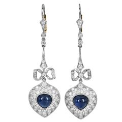 Vintage Bow Heart Sapphire & Diamond Drop Platinum 18K Earrings