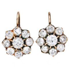 Antique Floral Halo 4.70 Carats Old Mine Diamond 18K Gold Earrings 