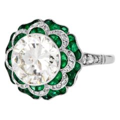  3.21 Carat Diamond & Emerald Platinum Filigree Engagement Ring