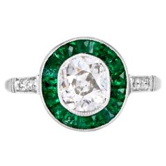 Old Cushion-Cut Diamond  French Emerald Halo Platinum Engagement Ring