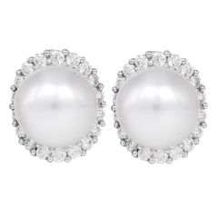 12mm Pearl & Diamond 18K White Gold Halo Stud Earrings