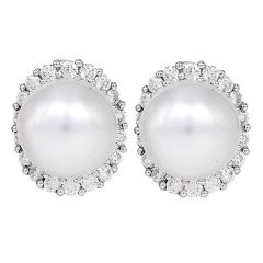 12mm Pearl & Diamond 18K White Gold Halo Stud Earrings