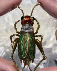Vintage Italian 18K Yellow Gold Diamond Grasshopper Enamel Brooch