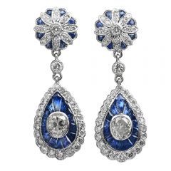 Estate Diamond Sapphire 18k Gold Dangle Drop Flower Earrings