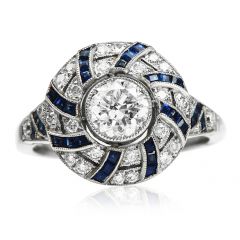2.10 Deco Diamond Blue Sapphire Platinum Engagement Ring