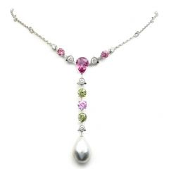CARTIER  Pearl Pink Sapphire Diamond Peridot Pendant 18K White Gold Necklace 