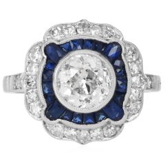 1.42ct Old European Cut Diamond & Sapphire Engagement Platinum Ring