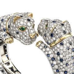 Rare 1970s Vintage Double Panther Diamond Sapphire Emerald Convertible 18K Bangle Bracelet/Earrings