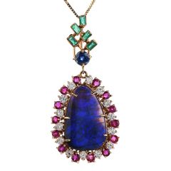 Vintage Large Black opal  Diamond Ruby 18K Gold Pendant