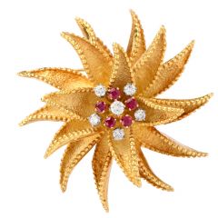 Hammerman Vintage Diamond Ruby Floral Pinwheel 18K Brooch Pin