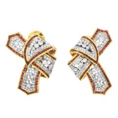 Retro Diamond Ruby 18K Gold Bow Ribbon Clip On Earrings