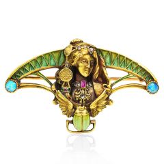 Antique Diamond Opal Ruby Emerald 18K Yellow Gold Egyptian Revival Lady Scarab Brooch