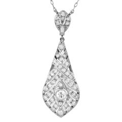 Vintage  Diamond Teardrop Platinum Pendant Necklace