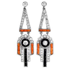 Estate Coral Onyx & Diamond Art Deco Style Platinum Dangle Earrings