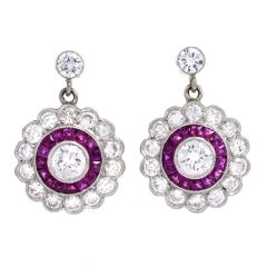 Estate Art Deco Diamond & Ruby Flower Halo Dangle Earrings in Platinum
