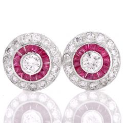 Classic Deco Diamond  Ruby Platinum Stud Earrings