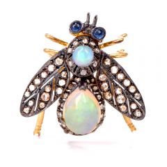 Estate Fly Opal Diamond Silver Vermeil Gold Pin Brooch