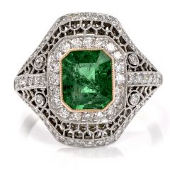 Estate Diamond Emerald Open Work Platinum Cocktail Ring