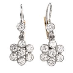 Estate Diamond Dangling Platinum Gold Flower Motif Euro Earrings
