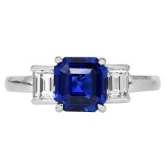 GIA 2.41cts Asscher-Cut Ceylon Sapphire Diamond Platinum Three Stone Ring 