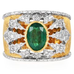  Mario Buccellati Emerald Diamond 18K Wide Statement Ring