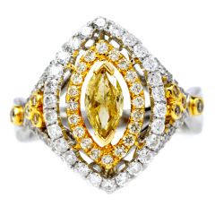 Estate Fancy Yellow Diamond 18K Gold Marquise Navette Cocktail Ring 