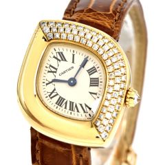 Cartier Navette 2351 Diamond 18K Gold Leather Ladies Wristwatch