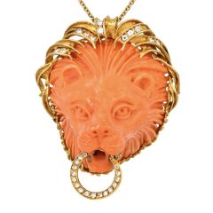 Vintage Italian Coral Lion Head Diamond 18k Gold Pendant 
