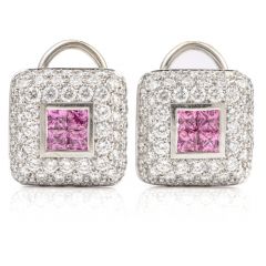 Estate Italian Diamond Pink Sapphire 18K Omega Clip Earrings