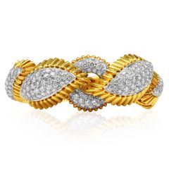 Signed Diamond Platinum 18K Yellow Gold Pave Cluster Link Bracelet