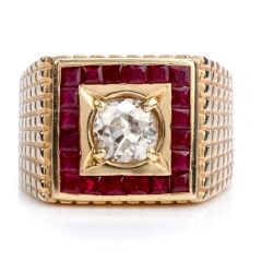 Vintage Old Cut Diamond Ruby 14K Gold Retro Textured Men's Ring 