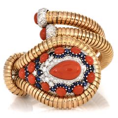 Vintage Retro Diamond Sapphire Coral 18K Gold King Cobra Large Cuff Bracelet
