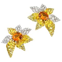 Chantecler Capri Italy Diamond Orange Yellow Sapphire 18K Gold Flower Celebrity Clip On Earrings