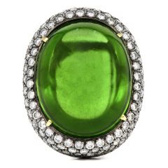 GIA Certified Cabochon Peridot Diamond 18K Gold Halo Large Cocktail Ring
