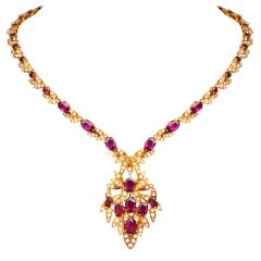 Vintage Italian Diamond Ruby 18K Yellow Gold Floral Leaf Pendant Necklace
