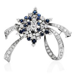 Vintage Diamond Blue Sapphire 18K White Gold Cluster Flower Ribbon Brooch Pin