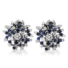 Vintage Diamond Blue Sapphire Platinum Flower Cluster Clip-on Earrings 