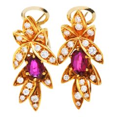 Vintage Italian Diamond Ruby 18K Yellow Gold Dangle Leaf Floral Clip-On Earrings