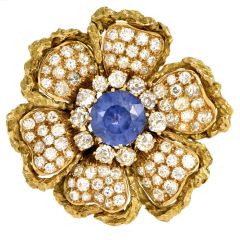 Vintage 7.50ct Burma Sapphire Diamond 18K Gold Flower Brooch Pin