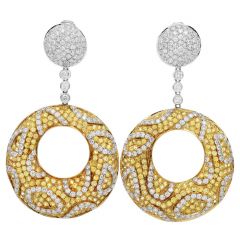Large Diamond Yellow Sapphire 18K Gold Cluster Dangle Hoop Earrings