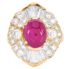 Estate Cabochon Ruby 6.52cts Diamond 18K Gold Cocktail Ring-Dover Jewelry