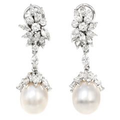 Estate Diamond 10 mm South Sea Pearl White Gold Cluster Dangle Drop Earrings  